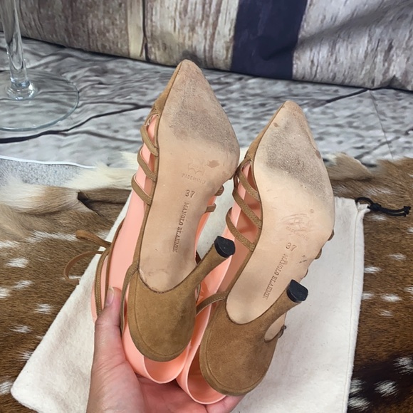 Manolo Blahnik Suede Leather Nude Heels Sz 37 - Picture 7 of 10